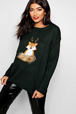 Boohoo Fox Applique Jumper With Faux Fur And Sequin