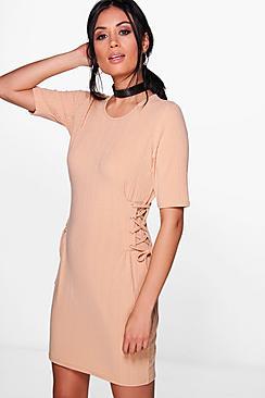 Boohoo Emma Lace Up Corset Rib Knit T-shirt Dress