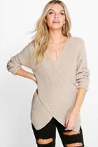 Boohoo Faye Cross Front V-neck Jumper Stone