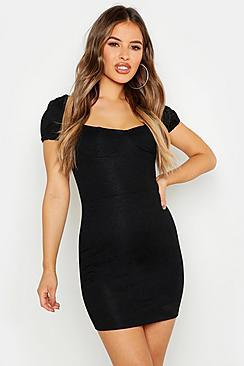 Boohoo Petite Peasant Neck Textured Bodycon Dress