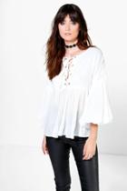 Boohoo Sophie Lace Up Blouson Sleeve Pleated Blouse White