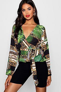 Boohoo Faith Tropical Chain Print Tie Wrap Blouse