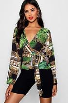 Boohoo Faith Tropical Chain Print Tie Wrap Blouse