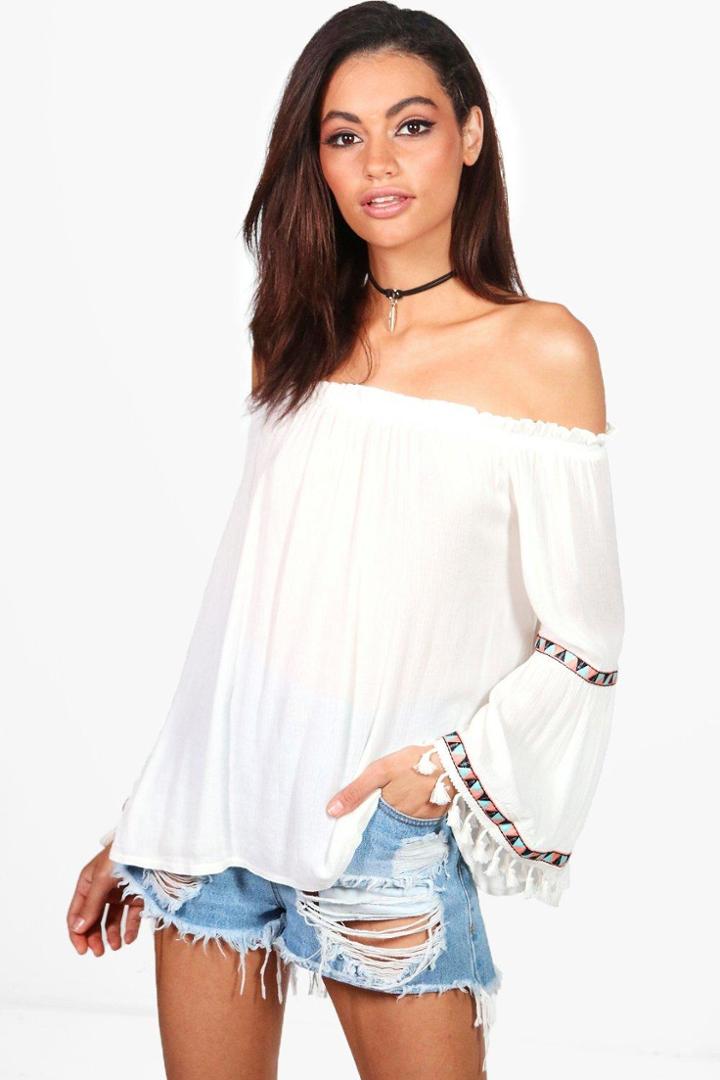 Boohoo Lexi Tassel Off Shoulder Woven Top Cream