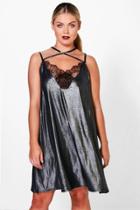 Boohoo Plus Kady Shimmer Lace Strappy Swing Dress Silver