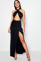 Boohoo Tara Slinky Wrap Top Thigh Split Maxi Dress