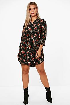Boohoo Plus Sadie Dark Floral Shirt Dress