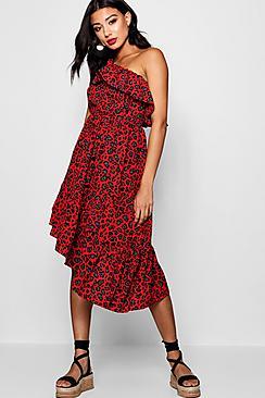 Boohoo Saf Off The Shoulder Ruffle Hem Midi Dress