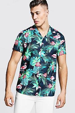 Boohoo Flamingo Print Short Sleeve Revere Shirt