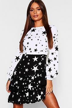 Boohoo Star Print Double Ruffle Mini Dress