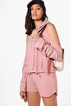 Boohoo Eve Cold Shoulder Hoodie + Short Set