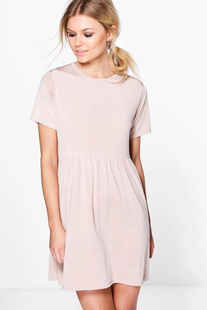 Boohoo Petite Gemma Slinky Smock Dress Stone