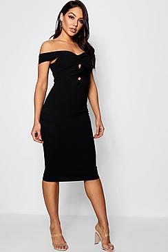 Boohoo Elodie Bardot Twist Front Bodycon Midi Dress