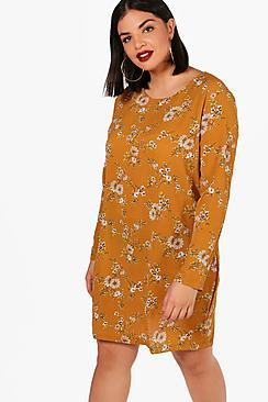 Boohoo Plus Helen Printed Long Sleeve Shift Dress
