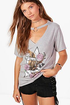 Boohoo Tall Sofie Printed Choker Detail T-shirt