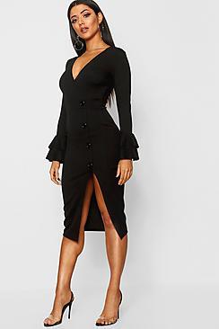 Boohoo Flared Sleeve Button Detail Midi Dress