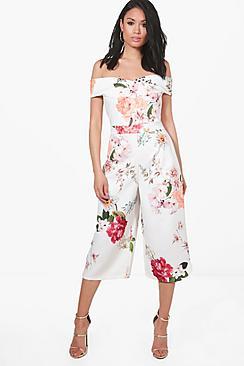 Boohoo Mona Bardot Floral Culotte Jumpsuit