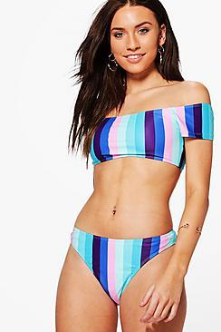 Boohoo Las Vegas Striped Bardot High Leg Bikini