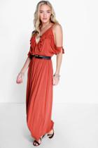 Boohoo Ella Front Ruffle Cold Sleeve Maxi Dress Chestnut