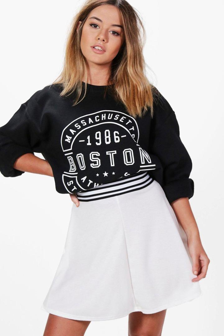 Boohoo Petite Melissa Sports Trim Skater Skirt White