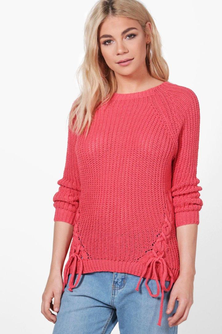 Boohoo Karina Lace Up Detail Jumper Coral