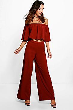 Boohoo Aria Off The Shoulder And Wide Leg Trouser Co-ord
