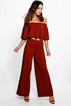 Boohoo Aria Off The Shoulder And Wide Leg Trouser Co-ord