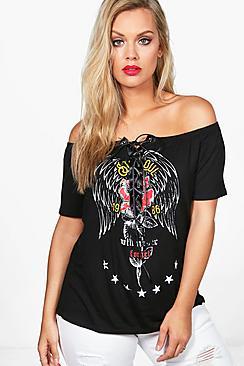 Boohoo Plus Erin Lace Up Off The Shoulder Band Tee