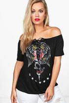 Boohoo Plus Erin Lace Up Off The Shoulder Band Tee