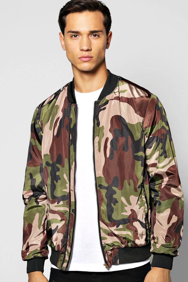 Boohoo All Over Camo Double Zip Bomber Jacket Khaki