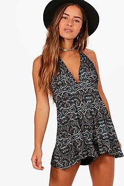 Boohoo Petite Teegan Paisley Print Halter Playsuit