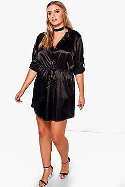 Boohoo Plus Tara Satin Shirt Dress
