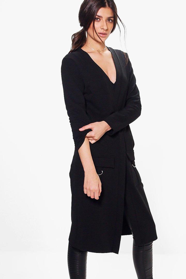 Boohoo Bethany Parachute Pocket Utility Duster Black