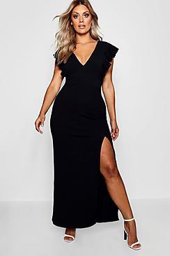 Boohoo Plus Ruffle Shoulder Plunge Maxi Dress