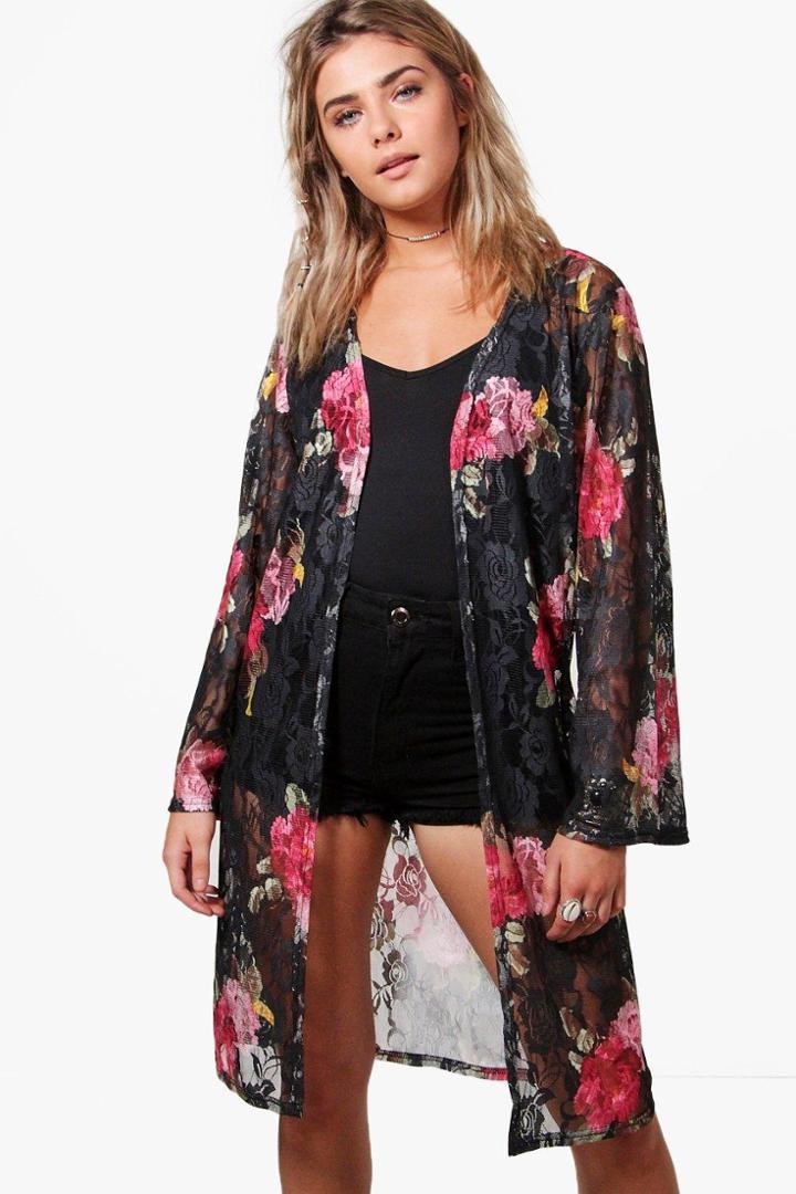 Boohoo Natasha Floral Lace Printed Kimono Black