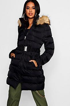 Boohoo Belted Matte Satin Faux Fur Trim Puffer Jacket