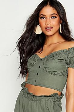 Boohoo Tall Linen Look Off The Shoulder Crop Top