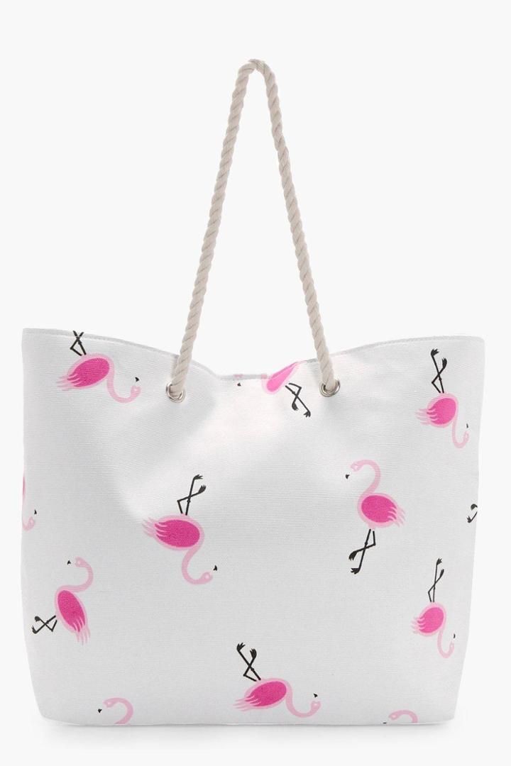 Boohoo Lucy Flamingo Print Beach Bag Cream