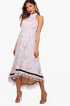 Boohoo Lace Trhem Detail High Low Skater Dress