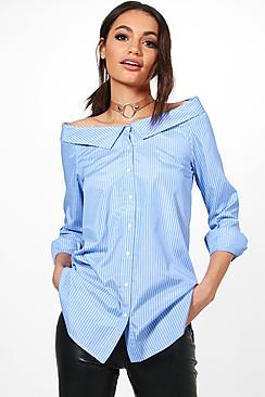 Boohoo Paige Pinstripe Off The Shoulder Shirt
