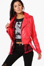 Boohoo Maria Crop Leather Look Biker Jacket Red