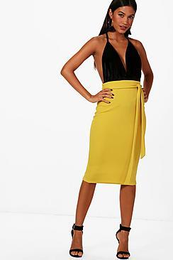 Boohoo Ava Tie Waist Crepe Bodycon Midi Skirt
