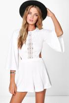 Boohoo Eve Cut Outside Crochet Middle Flare Sleeve Playsuit Ivory