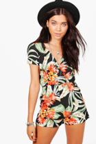 Boohoo Petite Becca Wrap Front Tropical Print Playsuit Multi