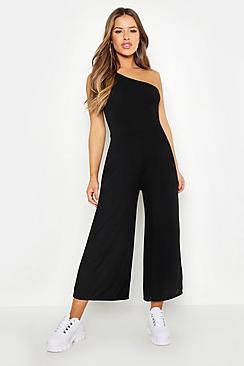 Boohoo Petite Rib One Shoulder Culotte Jumpsuit