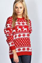 Boohoo Hollie Reindeers And Snowflake Christmas Jumper Red