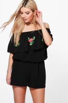 Boohoo Emily Embroidered Off The Shoulder Playsuit Black