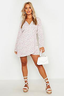 Boohoo Plus Ditsy Floral Print Wrap Skater Dress
