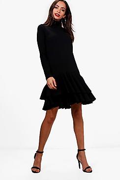 Boohoo High Neck Drop Hem Shift Dress