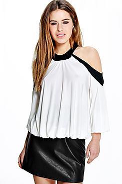 Boohoo Petite Ella Cold Shoulder Colour Block Top